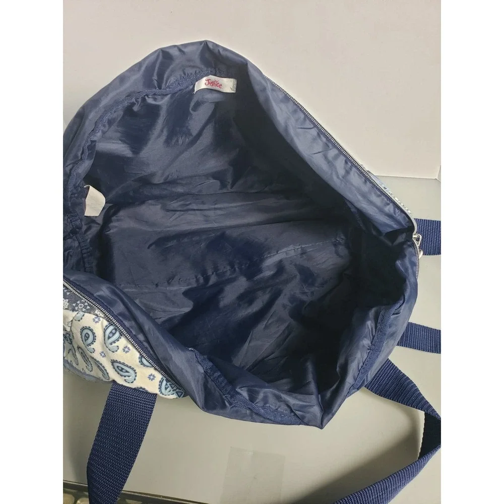 Justice Girls‎ Blue Paisley Geometric Duffle Bag Glitter Logo Crossbody Strap